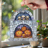 Pumpkin Skull Fireplace Acrylic Suncatcher, Stained Glass Style Jack O’Lanterns with Skulls Window Hanging, Gothic Halloween Home Décor Gift